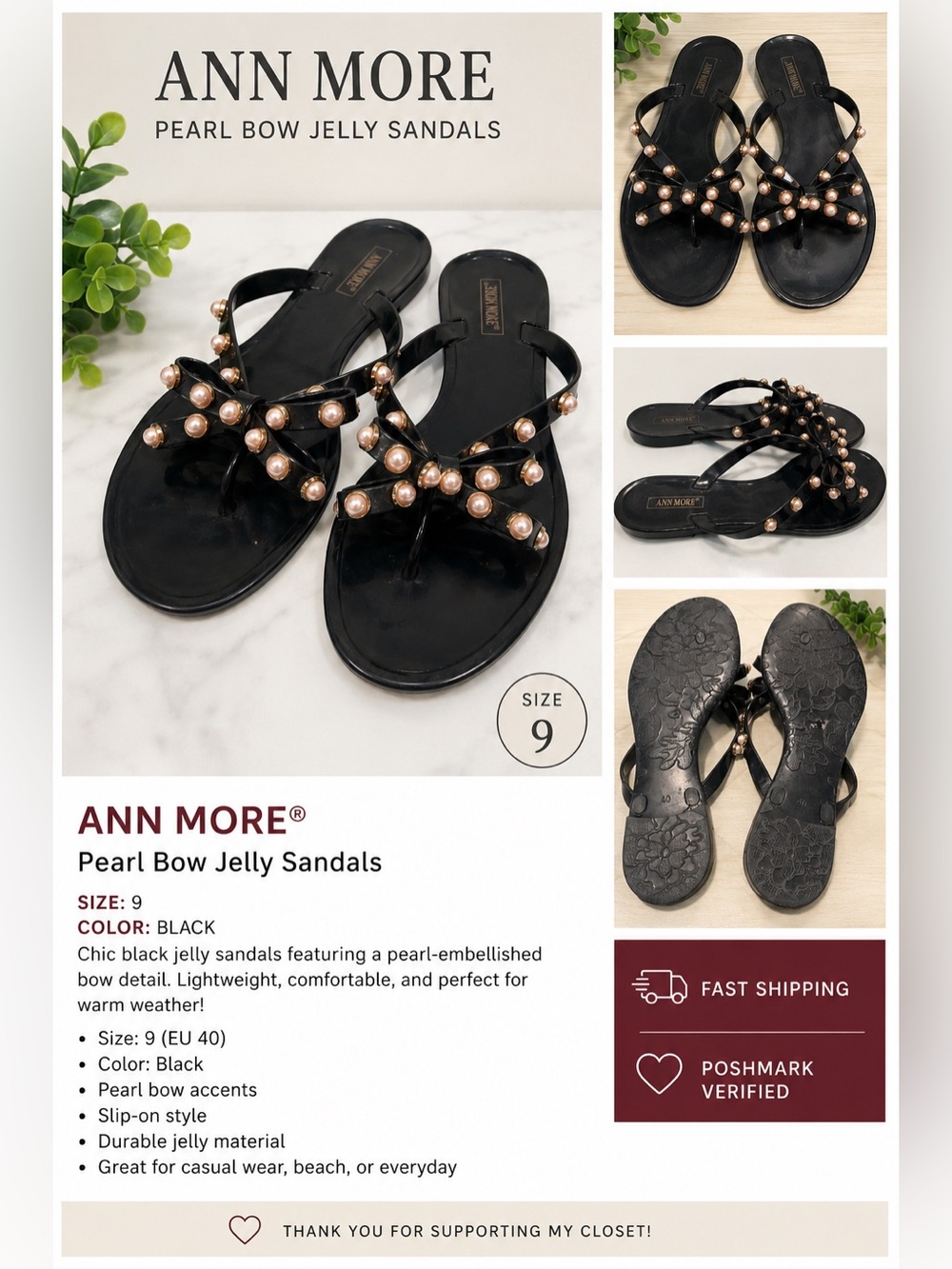 ANN MORE Black Pearl-Embellished Jelly Sandals – Size 9